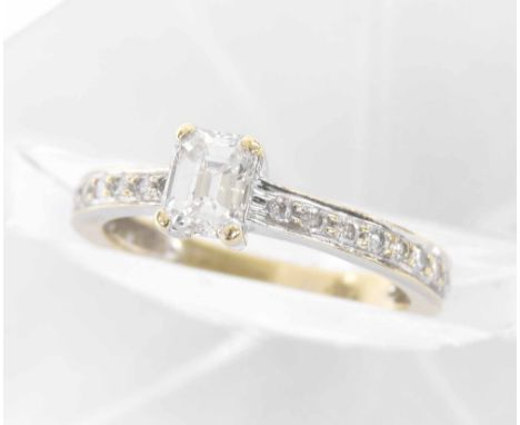 18ct white gold emerald-cut solitaire diamond ring with set shoulders, 0.76ct approx, clarity SI1-2, colour F/G, 2.7gm, ring 