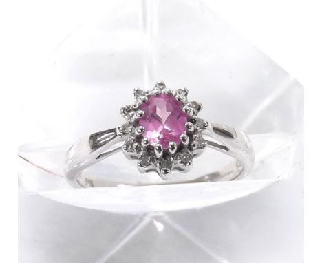 9ct white gold diamond and pink gem set oval cluster ring, 9mm x 7mm, ring size L