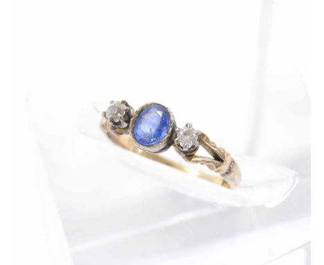 Antique 15ct sapphire and diamond three stone ring, 2.2gm, ring size M 