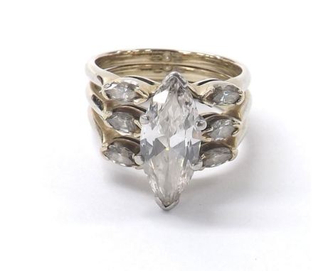 Impressive 14k white gold marquise diamond triple band ring, the principal diamond 1.70ct approx, clarity VS2-SI1, colour F/G