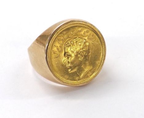 Yellow gold coin ring mounted with a Persian gold half Pahlavi, 10.4gm, ring size W
