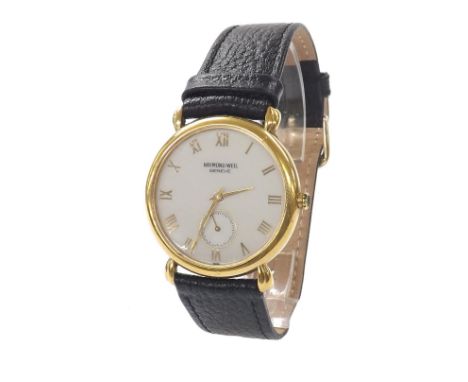 Raymond Weil Geneve 18k gold plated gentleman's wristwatch, ref. 9823, silvered dial, modern black leather strap, quartz, 32m