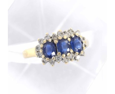 18ct sapphire and diamond cluster ring, with three centred sapphires in a diamond surround, 5.6gm, ring size O/P 