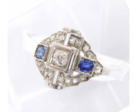 Art Deco sapphire and diamond white metal plaque ring, with two blue sapphires in a rose and old-cut diamond surround, 15mm, 