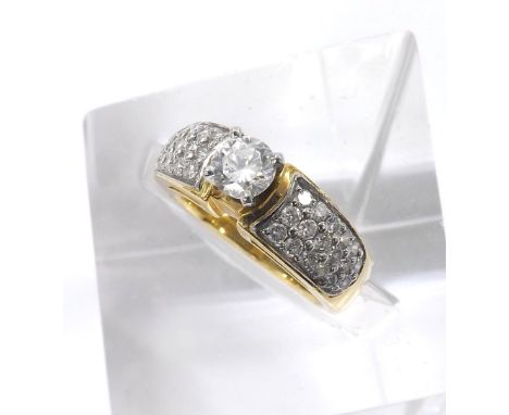 18ct yellow gold solitaire diamond dress ring, pavé set shoulders with thirty-four diamonds, the principal round brilliant-cu