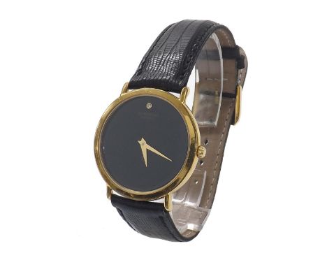 Raymond Weil 18k gold plated gentleman's wristwatch, black dial, Raymond Weil black leather strap and buckle, quartz, 31mm - 