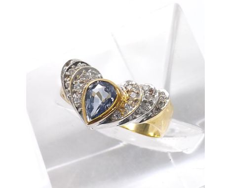18ct wishbone design sapphire and diamond ring, single pear shaped sapphire estimated 0.82ct approx, in a surround of eightee