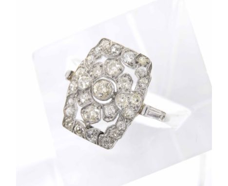 Attractive Art Deco diamond plaque ring, with old-cut diamonds in a rectangular pierced white metal floral setting, 20mm x 16
