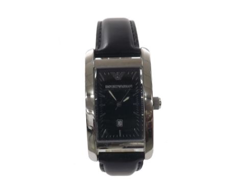 Emporio Armani rectangular stainless steel gentleman's wristwatch, ref. AR-0121, black dial, Emporio Armani black leather str