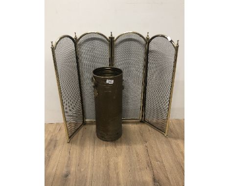 A BRASS STICK STAND TOGETHER WITH A 4 WAY BRASS FIRE SCREEN