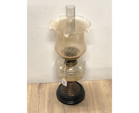 A COPPER AND GLASS VICTORIAN OIL LAMP WITH CHIMNEY AND SHADE