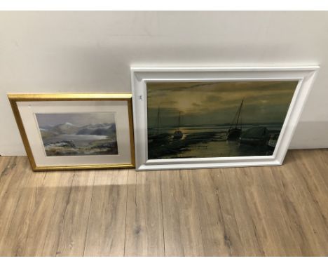 A GILT FRAMED PRINT OF A MOUNTAIN SCENE BY I. LINDSAY TOGETHER WITH ONE OTHER PRINT