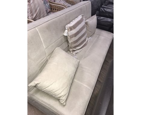 SOFT BEIGE SATIN FINISH STUDIO SOFA AND CUSHIONS WITH FOOTSTOOL