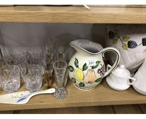 MISC GLASS PIECES INCLUDING DECANTER, WHISKY TUMBLERS AND CERAMIC JUGS AND VASES