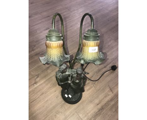 A FIGURED SPELTER TABLE LAMP WITH TWO GLASS SHADES