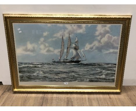 A GILT FRAMED PRINT BY MONTAGUE DAWSON OF A TALL SHIP