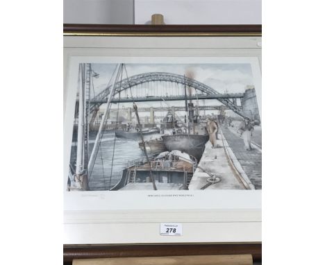 SIGNED PRINT DAVID HENSHAW NEWCASTLE QUAYSIDE POST WORLD WAR 2 362/850 (INDISTINCT SIGNED)