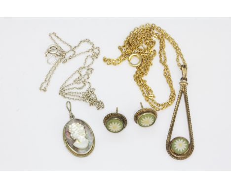 A boxed Wedgwood silver gilt necklace and stud earrings (not buttereflies) set together with a white metal mounted mother of 
