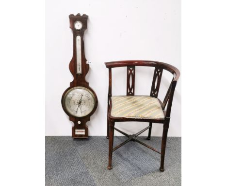 A Georgian mahogany veneered mercury barometer by T.Hudson, (not working) L. 105cm, together with an Edwardian corner chair.