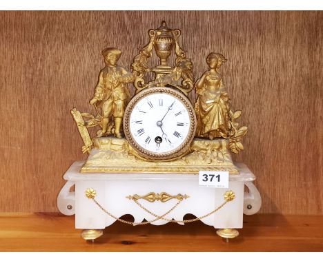 A 19th C French gilt spelter and alabaster figural mantel clock, H. 30cm. No pendulum.