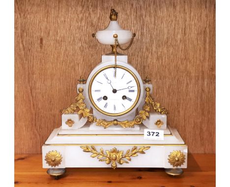 A 19th C ormolu mounted alabaster mantel clock by Ellis of Plymouth, H. 33cm. No bell.