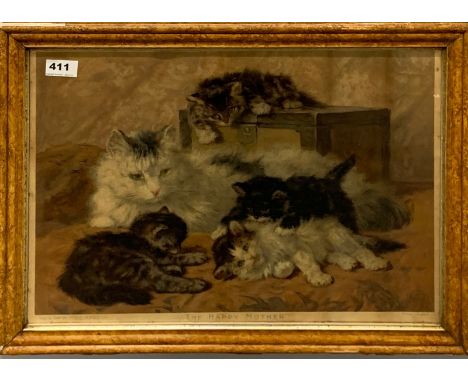 A Victorian framed print of a cat with kittens entitled 'The happy mother', framed size 58 x 43cm.