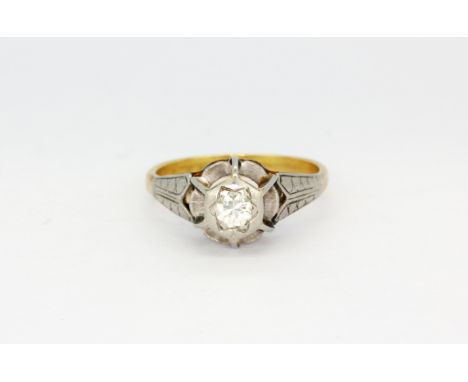 A yellow and white metal (tested minimum 9ct gold) solitaire ring set with a brilliant cut diamond, (O).