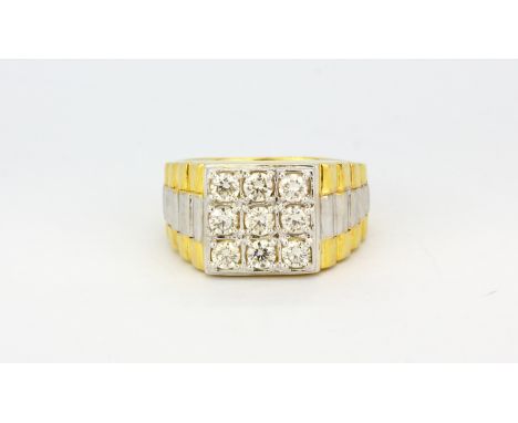 A gentleman's 9ct yellow and white gold (stamped 9k) Rolex design ring set with brilliant cut diamonds, (S), approx. 9gr.