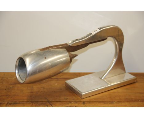 A mounted aluminium model of a jet engine, overall L. 58cm, H. 30cm.