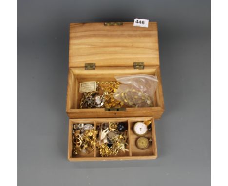 A box of good costume jewellery including a worn yellow metal (tested gold) signet ring.