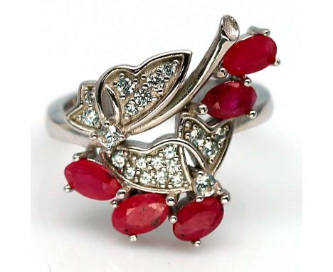 A matching 925 silver ruby and white stone ring, (L.5).