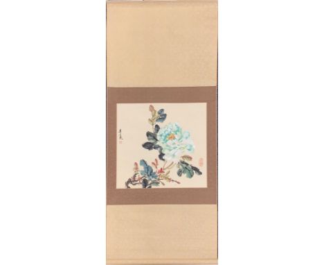 A Chinese hand painted silk mounted scroll, L. 146cm. W. 61cm.