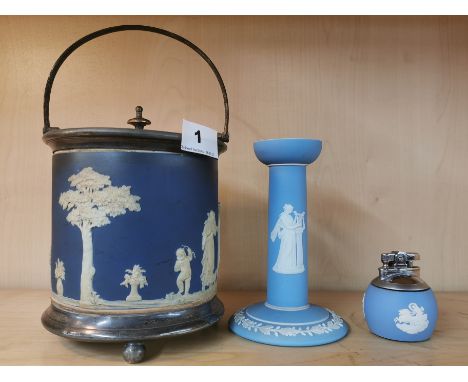 A silver plate mounted Wedgwood porcelain biscuit barrel, candlestick and table lighter.