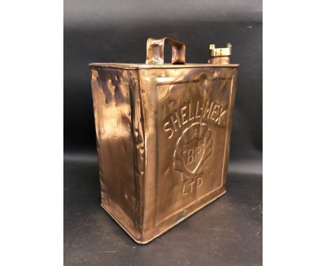 A Shell-Mex &amp; BP Ltd copper two gallon petrol can by Valor, dated January 1939, plain brass cap.