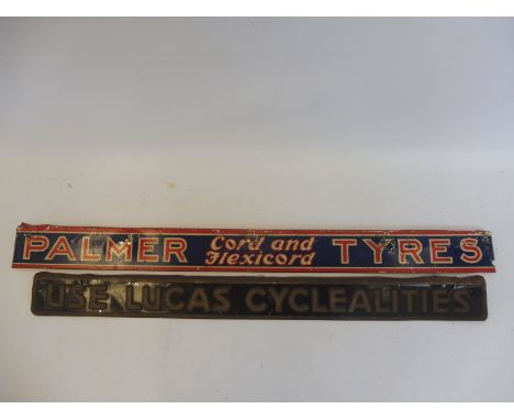 A Lucas Cyclealities embossed shelf strip and a Palmer Tyres shelf strip.