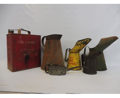 A Shellmex and BP two gallon petrol can plus a Kaye's Patent oiler, various oil cans etc. 