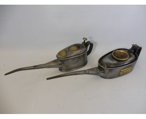 A polished steel oiler bearing a brass plaque for R. Broadhurst Coventry plus a second with a brass plaque for T. Green &amp;