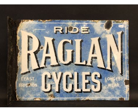 A Raglan Cycles double sided enamel sign with hanging flange, faded to both sides, 17 x 12".