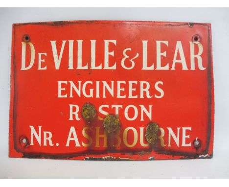 A De-Ville &amp; Lear Engineers of Royston Nr Ashbourne rectangular enamel sign, 18 x 12".