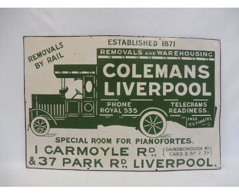 A rare Colmans of Liverpool Removals and Warehousing pictorial enamel sign depicting an Edwardian lorry, restoration mainly t