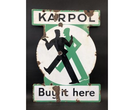 A Karpol 'Buy it here' double sided enamel sign, 21 1/4 x 28 1/2". 
