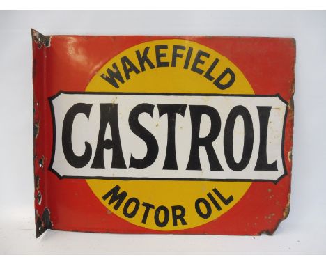 A Wakefield Castrol Motor Oil double sided enamel sign with hanging flange, 19 3/4 x 15 3/4". 