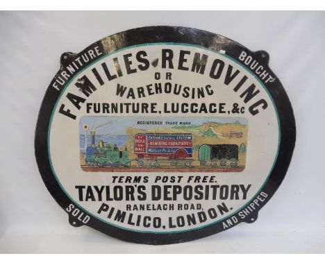 A rare Taylor's Depository of Pimlico London pictorial oval enamel sign depicting a steam locomotive pulling a horse drawn re