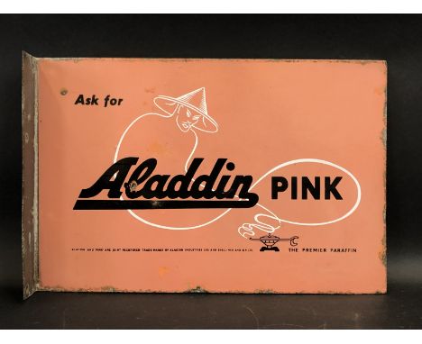 An Aladdin Pink Paraffin double sided enamel sign with hanging flange, in excellent condition, 18 x 12".