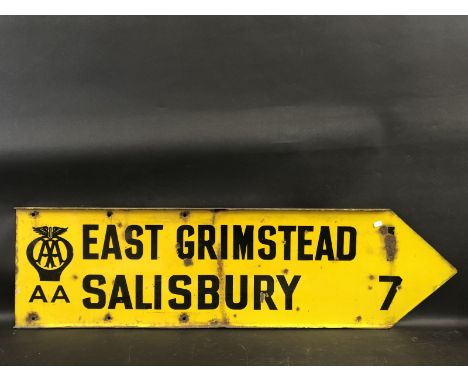 An AA double sided directional enamel road sign pointing towards East Grimstead and Salisbury by Franco Signs, 38 x 10 1/4".