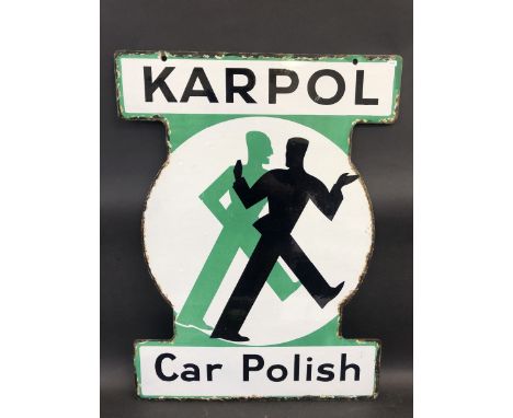 A Karpol Car Polish double sided enamel sign in very good condition, 21 1/4 x 28 1/2".