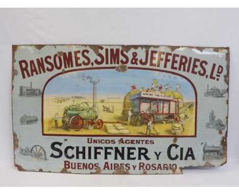 A Ransomes, Sims &amp; Jefferies Ld of Buenos Aires, pictorial enamel sign depicting a steam engine driving a threshing machi