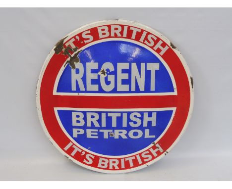 A rare and unusual Regent 'It's British' part convex enamel sign, with signwritten lettering, probably post mounted, 23 3/4" 