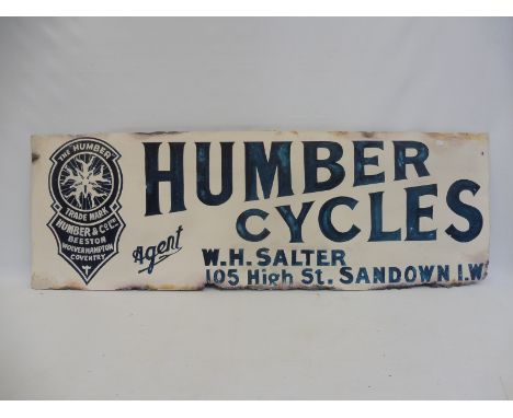A Humber Cycles rectangular enamel sign, heavily restored, 48 x 16".