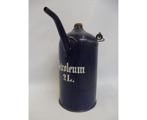An early dark blue enamel two litre petroleum fuel kettle.